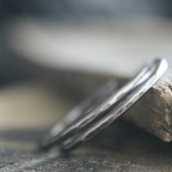 Sterling Silver Hammered Hoop Earrings, Artisan Made, Medium Hoops, Rustic - Picture 4 of 7